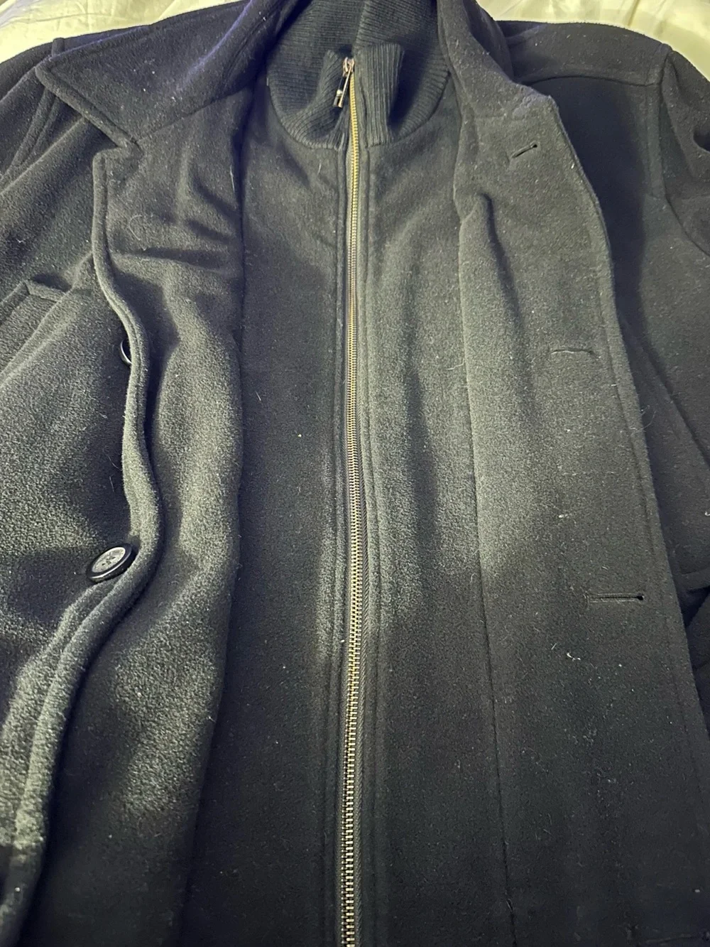 Men's Navy Wool Pea Coat with Zip-Front Layer